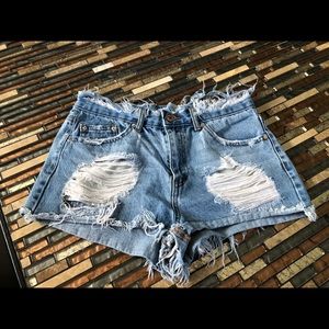 Distressed denim high waisted shorts